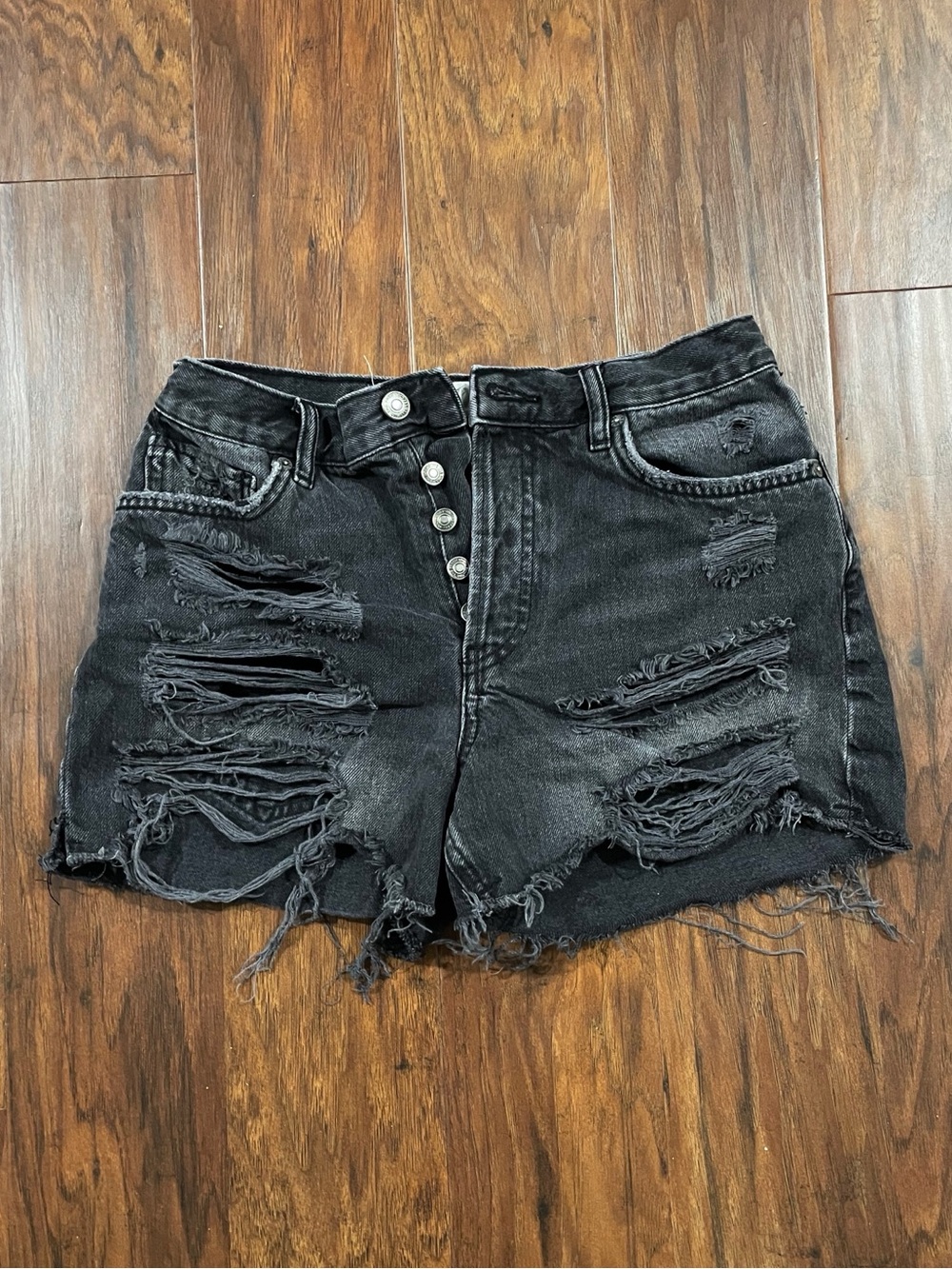 High-Rise Distressed Black/Gray Denim Shorts